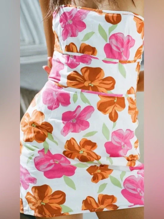 SABO Strapless Floral Mini Dress in White with Pink & Orange Blooms Size XS - Picture 2 of 15